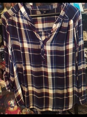 Jane and Delancey Navy, White and Burgundy Plaid Button-Down Top